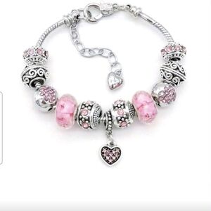 Chic Pink and Silver Heart Charm Bracelet